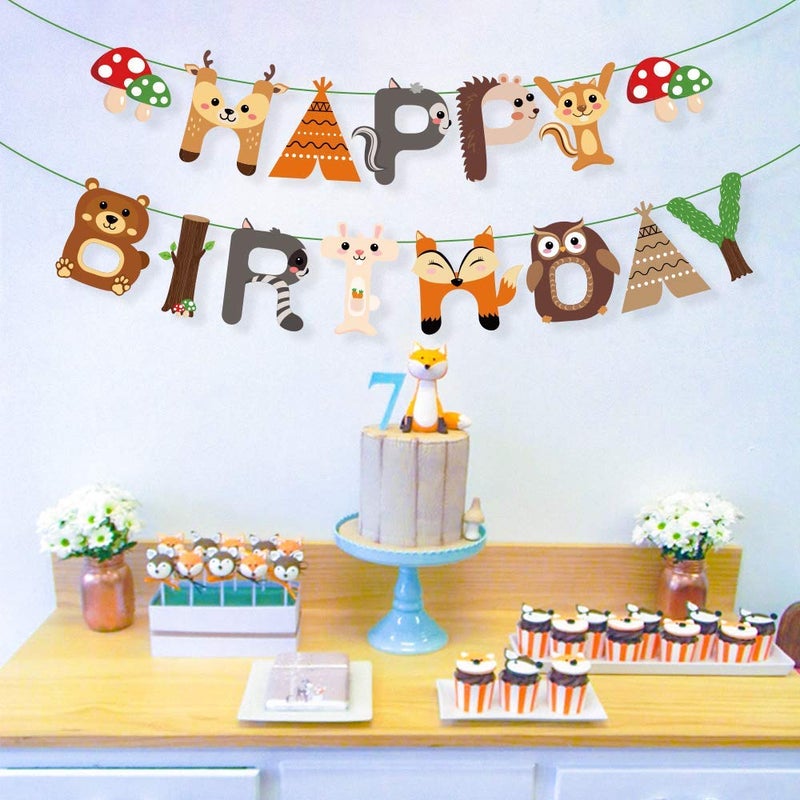 CC HOME Woodland Creature Birthday Banner,Woodland Animals Happy Birthday Banner,Forest Friend Animal Banner for Kids,Boys,Baby Shower,Birthday Party Decoration - Image 4